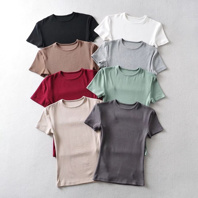 เสื้อยืดคอกลม แขนสั้น แบบสวมหัว เข้ารูป ยืดหยุ่น 8 สี สําหรับผู้หญิง