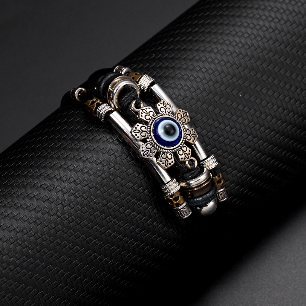 Blessed Evil Eye สร้อยข้อมือสําหรับชาย Multilayer สายรัดข้อมือหนังของขวัญเครื่องประดับ - รูปที่ 2