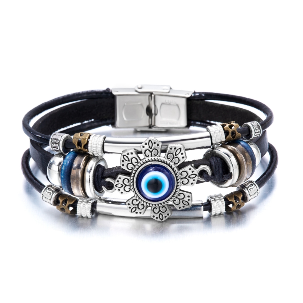 Blessed Evil Eye สร้อยข้อมือสําหรับชาย Multilayer สายรัดข้อมือหนังของขวัญเครื่องประดับ
