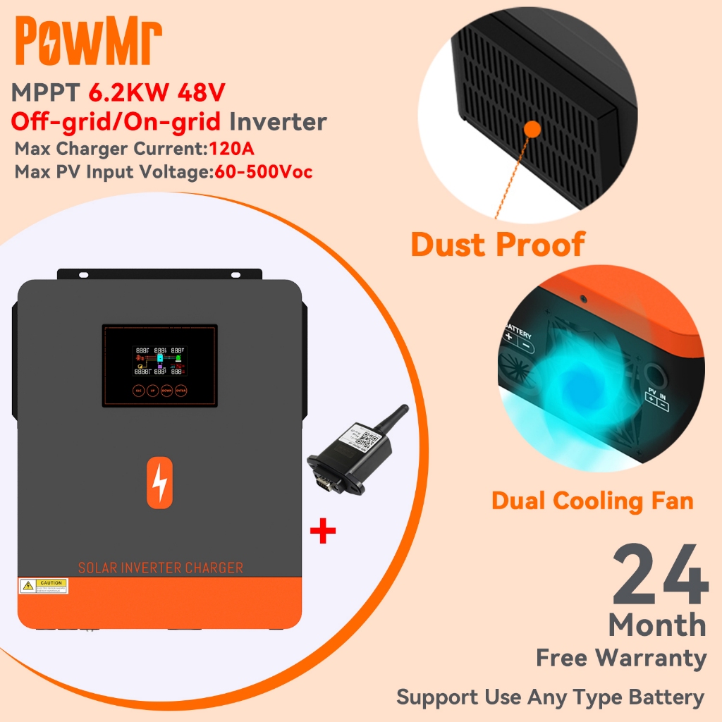 【With Wifi Module】PowMr MPPT 6.2KW Pure Sine Wave Solar Hybrid Inverter 120A Solar Charge Controller