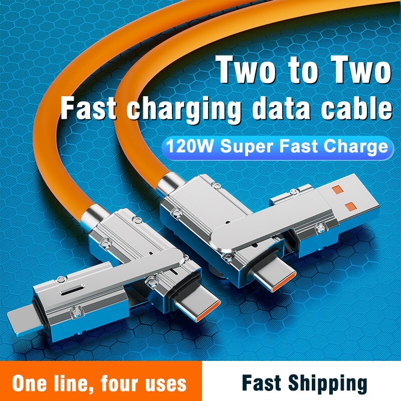 2 in 2 120W สายชาร์จเร็ว สําหรับ Samsung ซิลิโคนเหลว Type C สายชาร์จ สายข้อมูลเกม สําหรับ iPhone