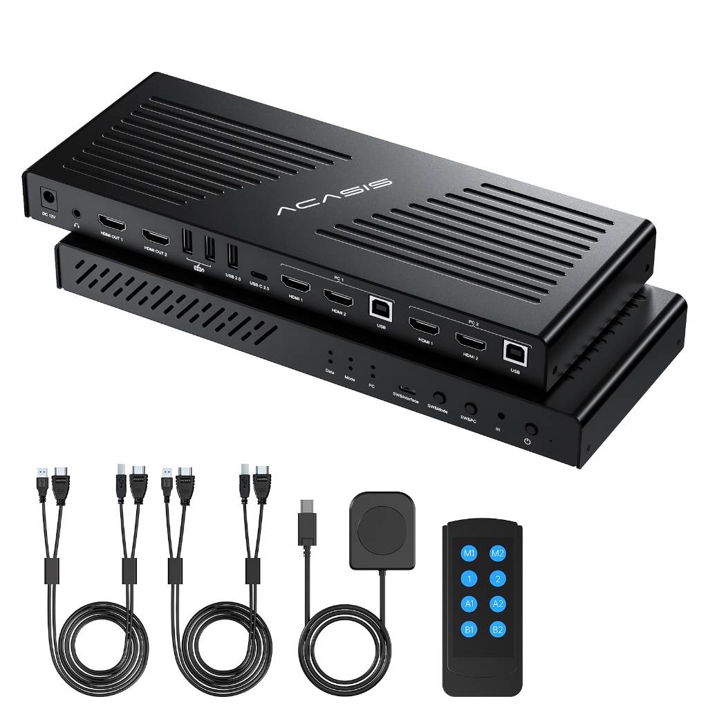Acasis สวิตช์ USB HDMI KVM เข้า 2 ออก 4 4K@60Hz สวิตช์ KVM 1 มอนิเตอร์ EDID Eemulator HDMI Switcher USB 2.0 L R Audio Hotkey Switch พร้อมรีโมตคอนโทรล และสายเคเบิลทั้งหมด 4 ชิ้น