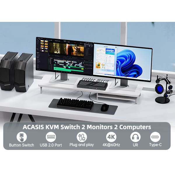 Acasis สวิตช์ USB HDMI KVM เข้า 2 ออก 4 4K@60Hz สวิตช์ KVM 1 มอนิเตอร์ EDID Eemulator HDMI Switcher USB 2.0 L R Audio Hotkey Switch พร้อมรีโมตคอนโทรล และสายเคเบิลทั้งหมด 4 ชิ้น