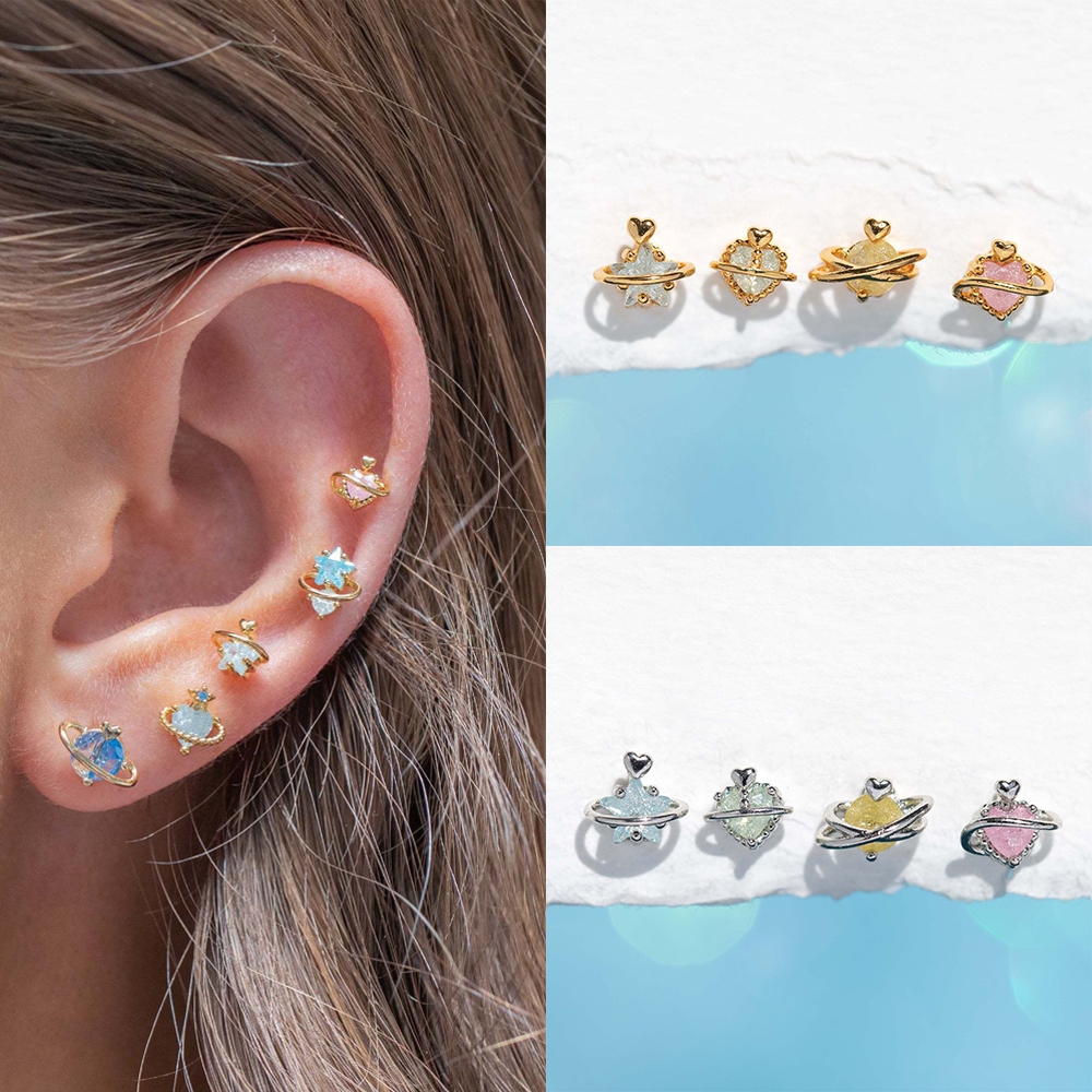 ชุดเครื่องประดับ ต่างหูสตั๊ด รูปดาวเสาร์ ดาวเคราะห์น่ารัก 4 ชิ้น