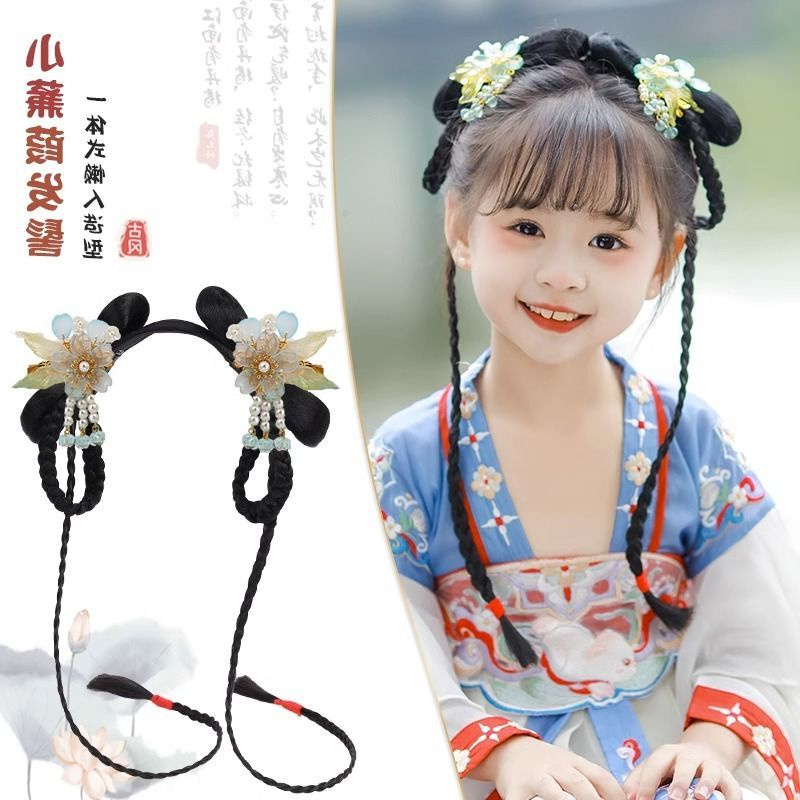 [PSP ] เด ็ ก Hanfu วิกผม, สาว Headwear, เครื ่ องแต ่ งกายโบราณแบบบูรณาการขี ้ เกียจเบาะกระเป ๋ าผม , โบว ์ จัดแต ่ งทรงผมอุปกรณ ์ เสริมผม , สไตล ์ โบราณผม Bun