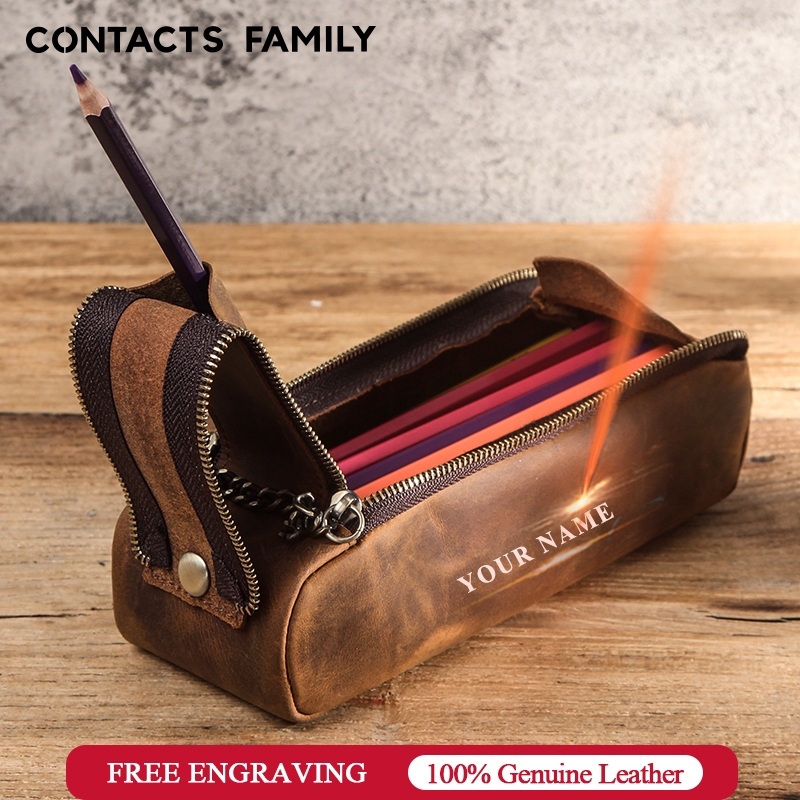 CONTACTS FAMILY กระเป๋าดินสอ ปากกา แบบหนัง มีซิป แฮนด์เมด สไตล์วินเทจ สร้างสรรค์ ความจุขนาดใหญ่