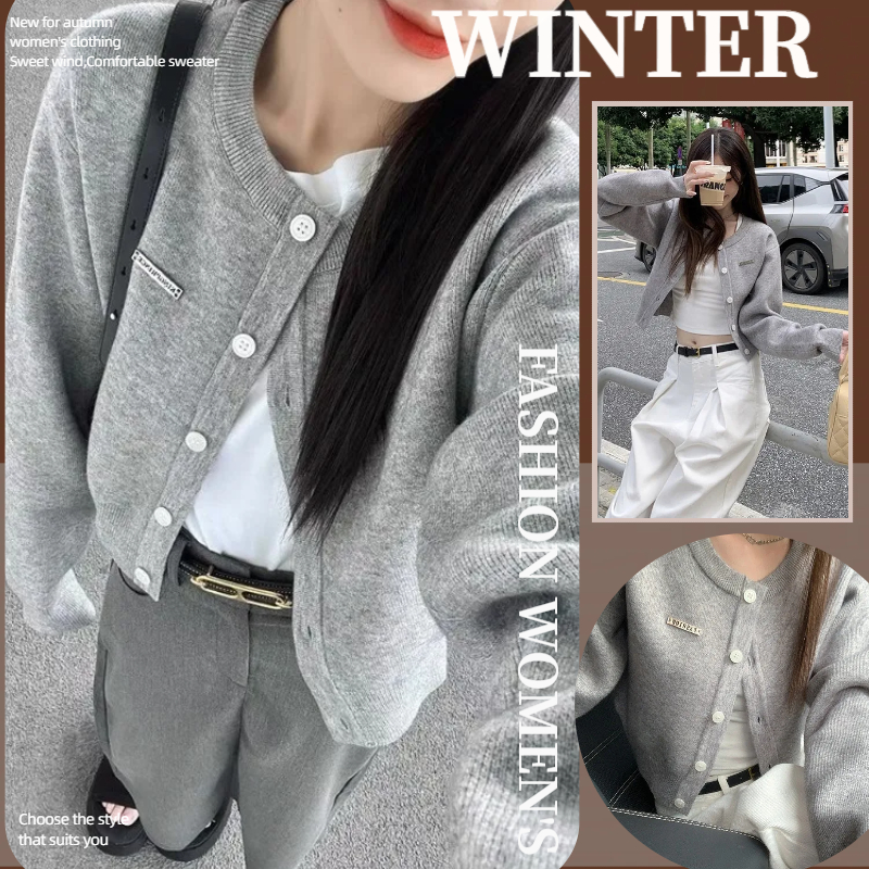 NZN เสื้อแจ็คเก็ตสเวตเตอร์ถักนิตติ้งแขนยาวสั้นสีเทาเวอร์ชั่นเกาหลี