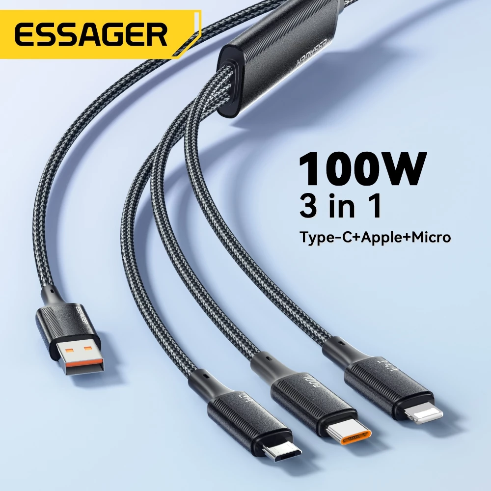 Essager 3 IN 1 สายชาร์จเร็ว 100W เหมาะสําหรับพอร์ต Type C พอร์ต Micro และพอร์ต IP