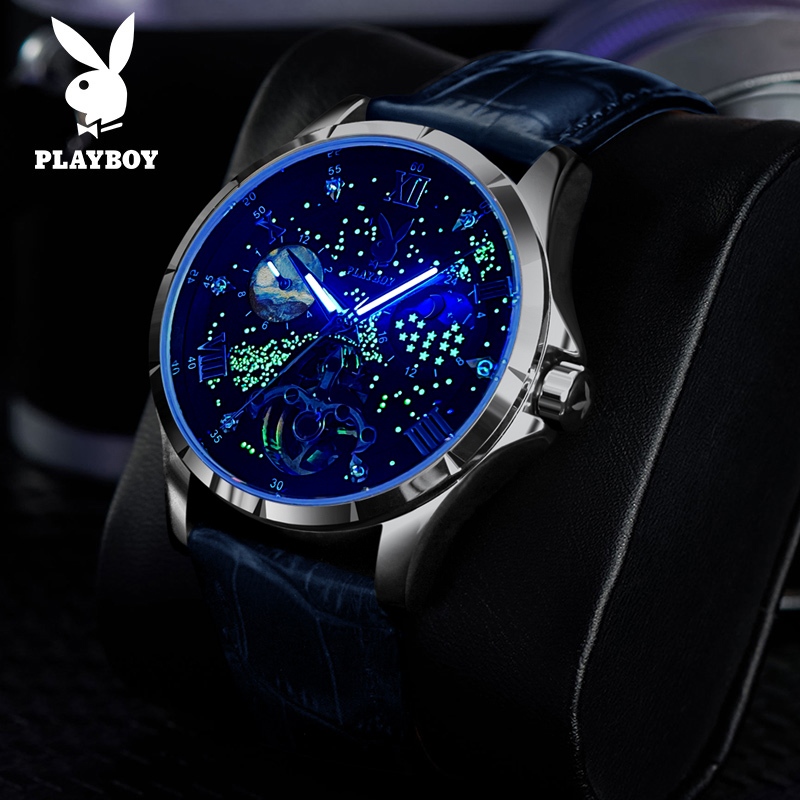 Playboy นาฬิกาผู้ชาย ของแท้ 100% กันน้ำ ส่องสว่าง แฟชั่น ธุรกิจ เครื่องกล สายสเตนเลสสตีลและสายหนัง 3049