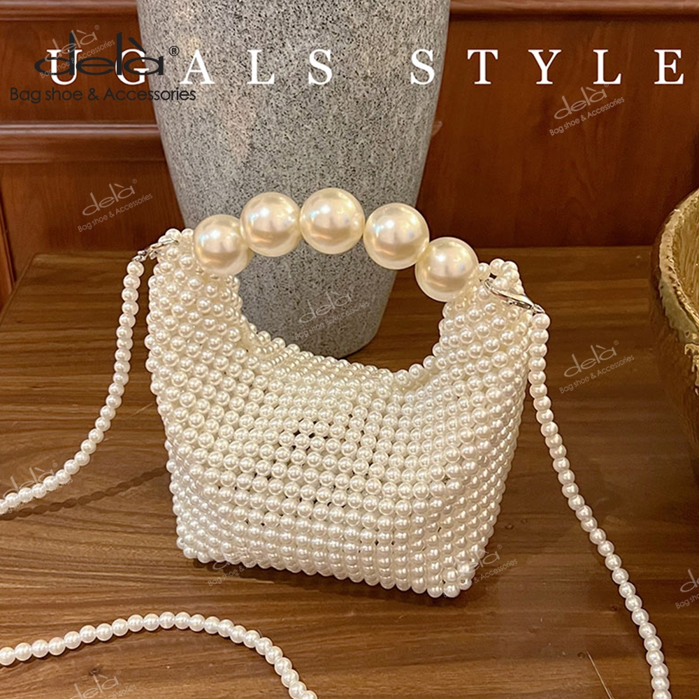 Dela กระเป๋าสะพายไหล่ ทรงคลัทช์ ประดับลูกปัดไข่มุก สไตล์ฝรั่งเศส วินเทจ
