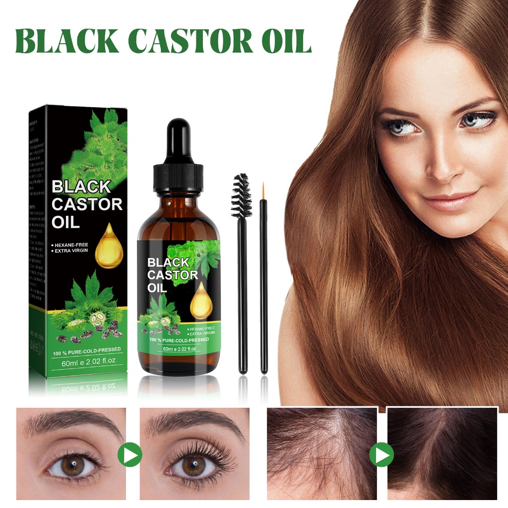 Black Castor Oil น้ํามันละหุ่งธรรมชาติ 100% สําหรับการเจริญเติบโตของเส้นผม, สารละลายการเจริญเติบโตของขนตา คิ้ว ป้องกันผมร่วง รักษาหนังศีรษะ ผลิตภัณฑ์เอสเซ้นส์