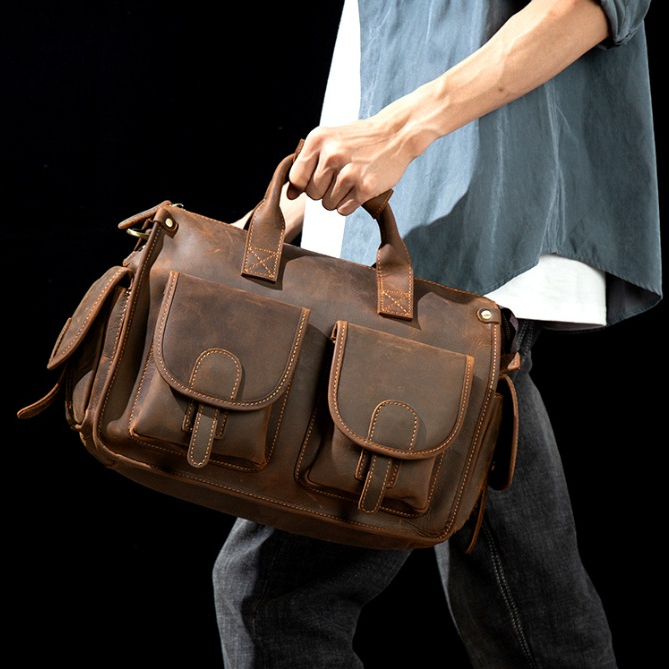 Nupugoo Crazy Horse หนังกระเป๋าถือผู้ชาย Casual First Layer Cowhide กระเป๋าสะพายไหล่ Retro Duffel กระเป๋า