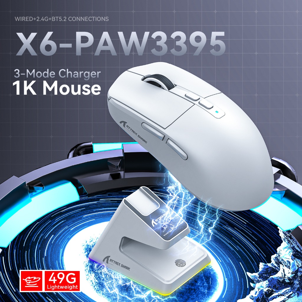 Attack Shark X6 เมาส์เกมมิ่ง บลูทูธ PAW3395 ฐานชาร์จแม่เหล็ก RGB
