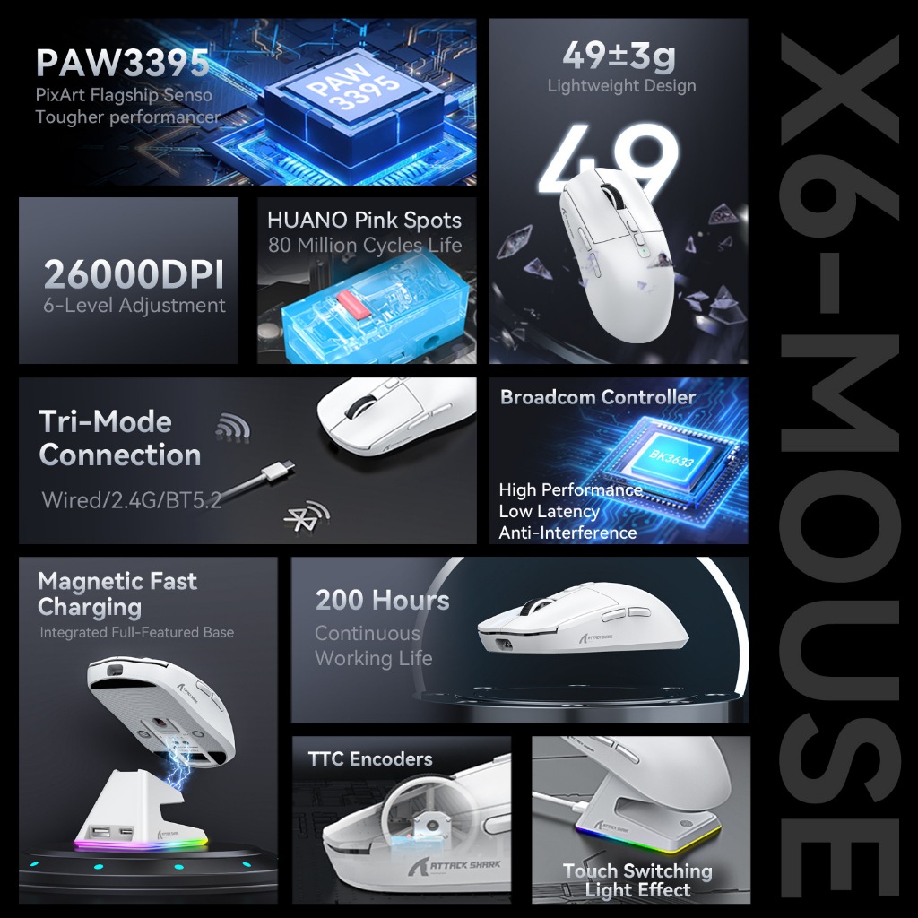 Attack Shark X6 เมาส์เกมมิ่ง บลูทูธ PAW3395 ฐานชาร์จแม่เหล็ก RGB