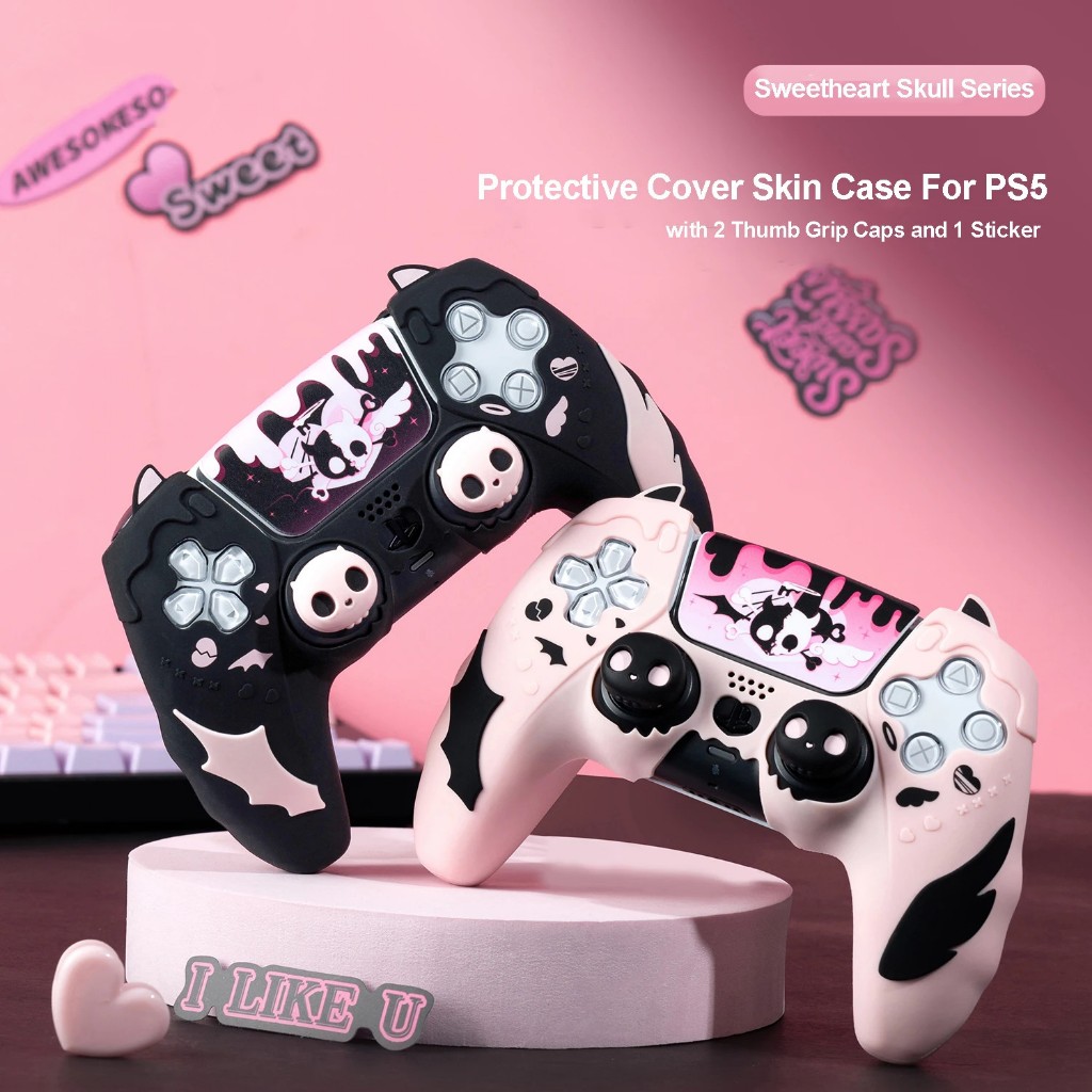 Geekshare ชุดตัวควบคุมหัวแม่มือ ลายหัวกะโหลก พร้อมสติกเกอร์ 1 ชิ้น สําหรับ PS5 Playstation 5 2