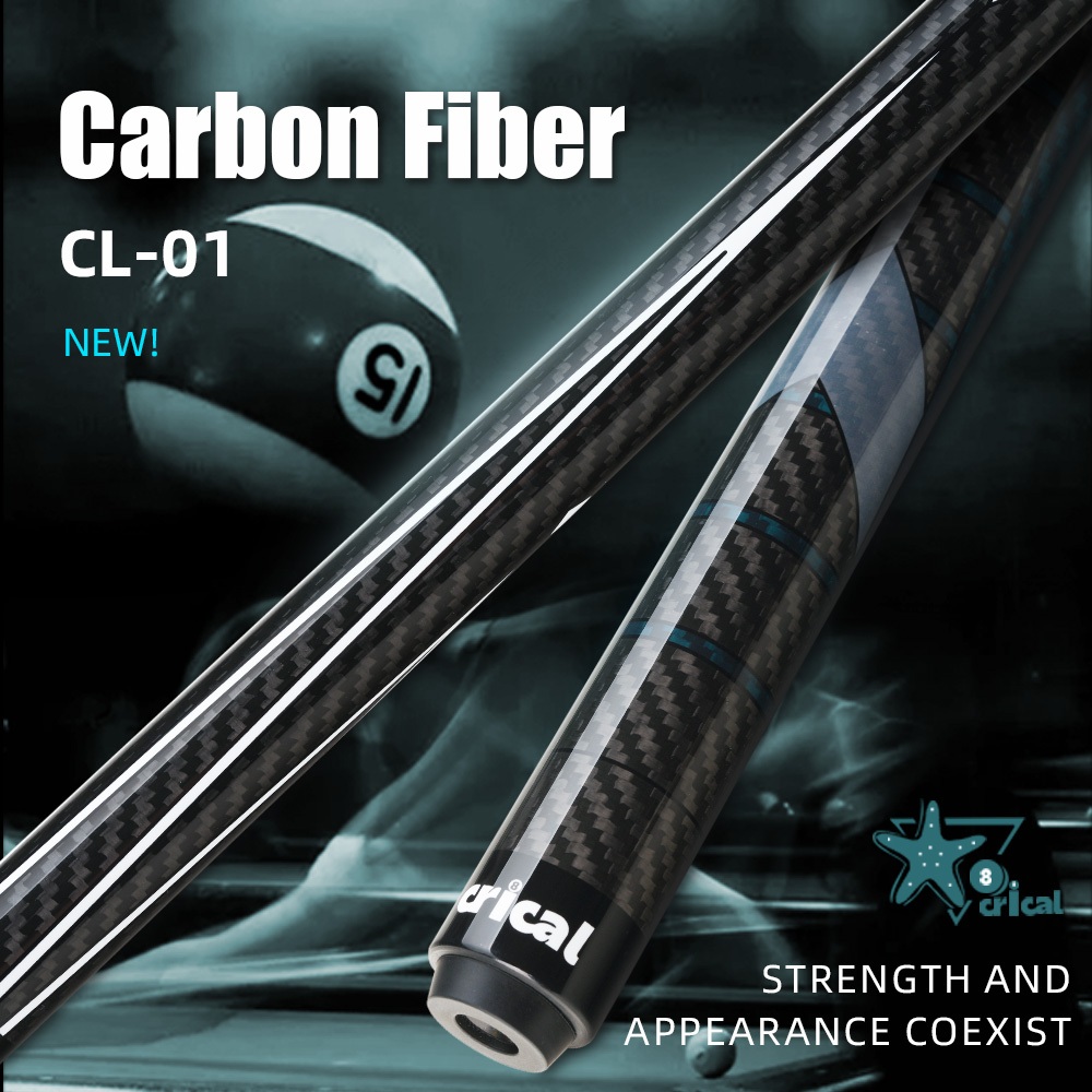 Crical CL-01 คาร์บอนไฟเบอร์สระว่ายน้ํา Cue Stick เทคโนโลยีสีดํา Low Deflection 12.4 มม.เคล็ดลับ 3 * 8/8 Joint Pin Professional 1/2 บิลเลียด