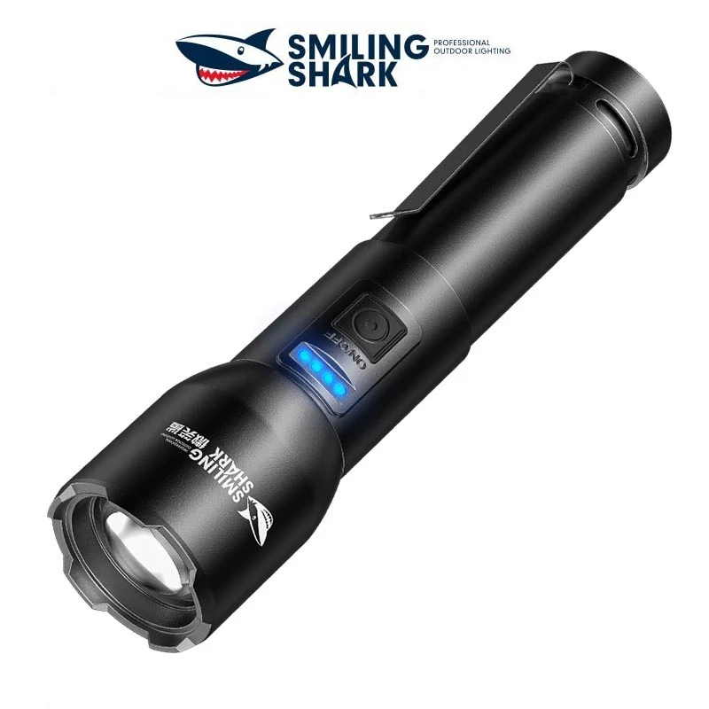 Smiling Shark SD8107 ไฟฉาย อเนกประสงค์ M77 8400LM สว่างมาก พร้อมคลิปหนีบปากกา โลหะ 5 โหมด 18650 Type-C ซูมได้ กันน้ํา ใช้ได้ทุกวัน สําหรับเดินป่า