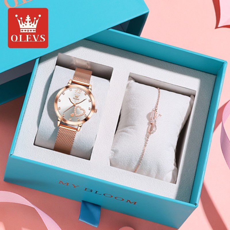 OLEVS นาฬิกาข้อมือผู้หญิง กันน้ํา 100% เรืองแสง สเตนเลส นาฬิกาข้อมือควอตซ์ ของขว