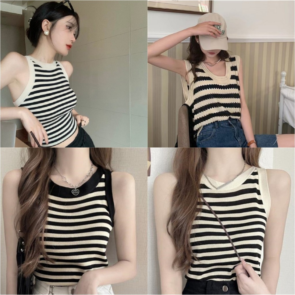 [TESN] เสื้อครอปท็อป คอกลม แขนกุด ผ้าถัก ลายทาง ฤดูร้อน สําหรับผู้หญิง ทรงเบสิคน่ารักแมทซ์ง่าย OOQ