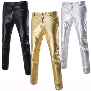 กางเกงขายาวลําลอง หนังเทียม แต่งกลิตเตอร์ สีทอง เหมาะกับใส่เ…