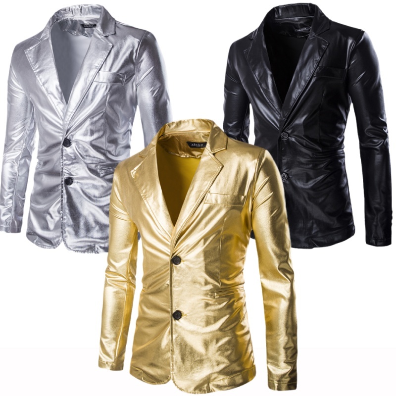 เสื้อแจ็กเก็ตสูท หนังเทียม แต่งกลิตเตอร์ สีทอง เหมาะกับใส่เต้นรํา แสดงบนเวที สําหรับผู้ชาย
