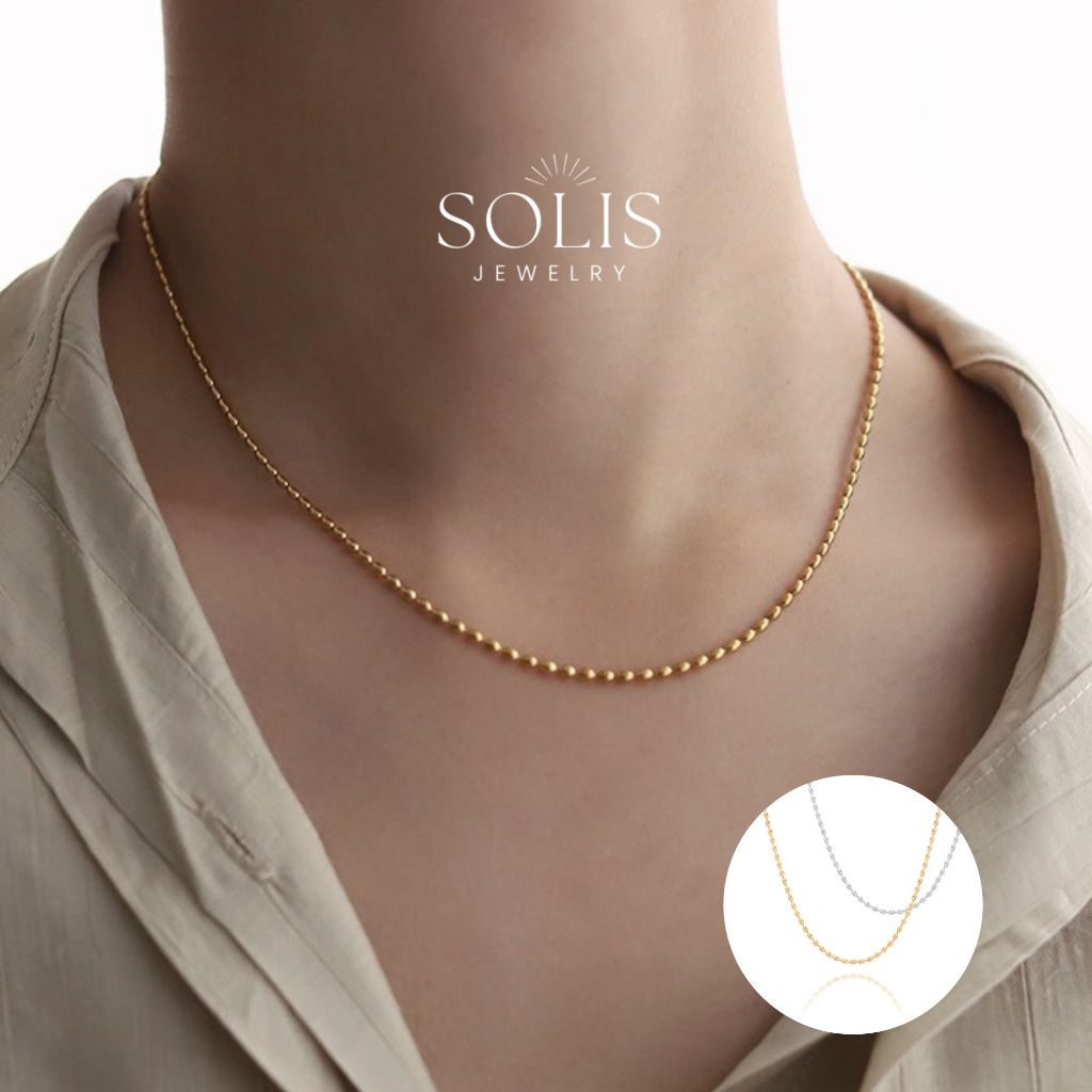 SOLIS โซ่ลูกปัดพื้นฐาน สร้อยคอเงินสีทอง • กันน้ำ ไม่ทำให้เสื่อมเสีย เครื่องประดับ • ชุบทอง 18K 316L สแตนเลส สร้อยคอเหล็กไทเทเนียมสำหรับผู้หญิงผู้ชาย NL205