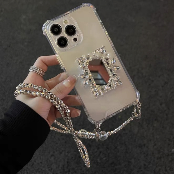 R Rhinestone กระจก + Electrplating ลูกปัด Crossbody Chain เหมาะสําหรับ iPhone 16 15 14 13 12 11 Pro Max เคสโทรศัพท์ X plus