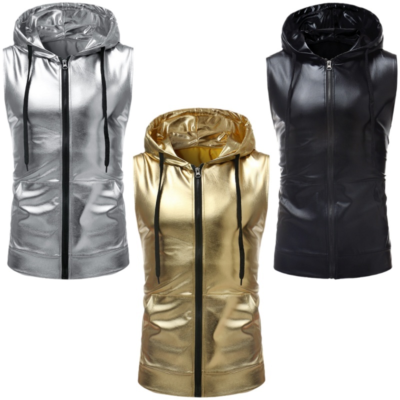 เสื้อกล้าม หนังเทียม มีซิป สีทอง แวววาว สไตล์สตรีท สําหรับผู้ชาย