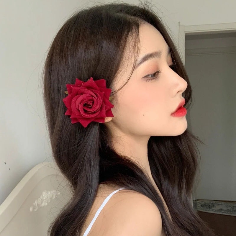 กิ๊บติดผม รูปดอกกุหลาบ สีแดง สไตล์เรโทร เครื่องประดับ สําหรับผู้หญิง