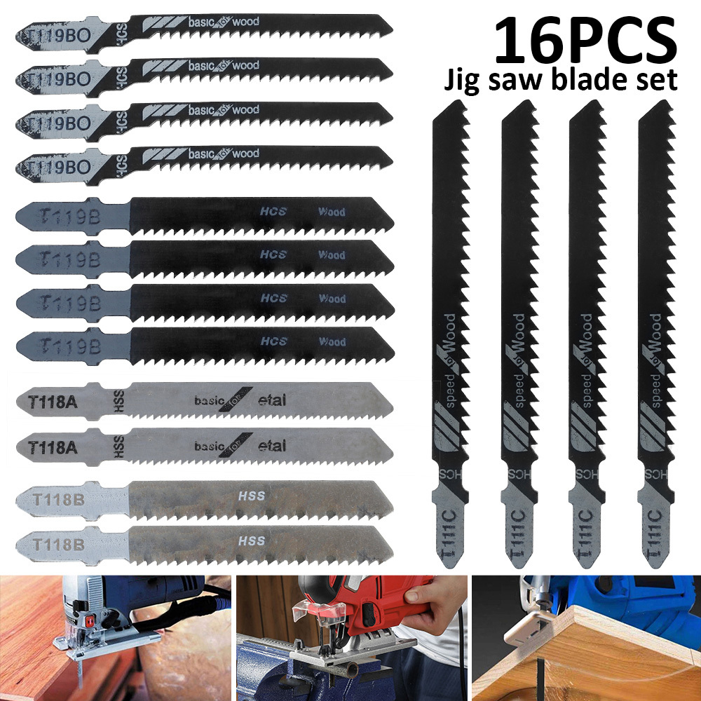 16pcs,Jig Saw Blade ชุด ใบเลื่อย T-Shank Sharp Fast Cut Down จิ๊กซอว์ใบมีดช่างไม้เครื่องมือ