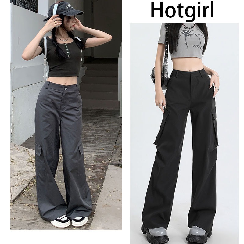 ซื้อ Hotgirl  พร้อมส่งจากกทม ✨สีดำกางเกงคาร์โก้ผู้หญิง Cargo pant🌸ชุดเอี๊ยมแฟชั่นย้อนยุคอเมริกันสำหรับผู้หญิง ประเภททรัมเป็ต