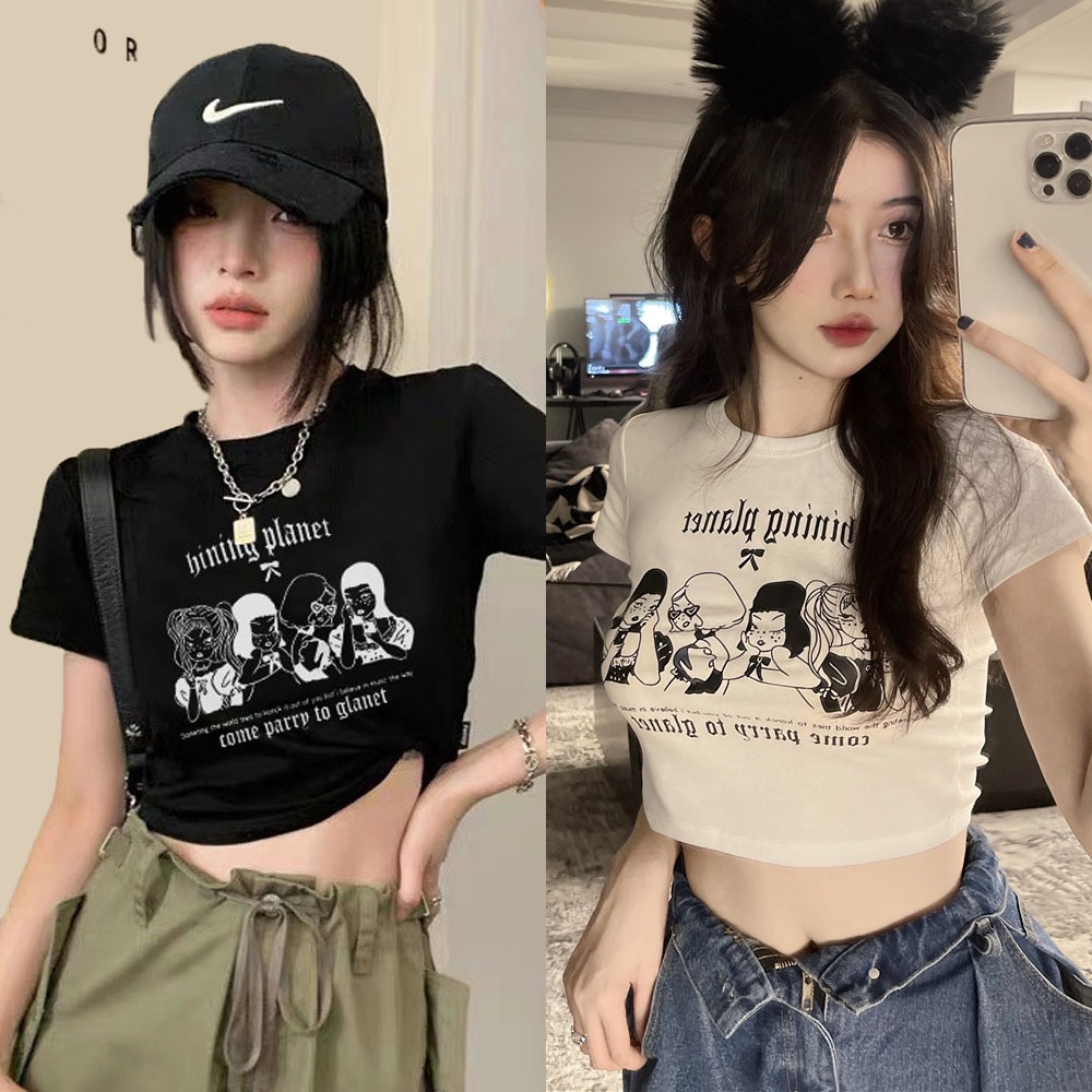 Luna shop เสื้อยืดผู้หญิง เสื้อยืดพิมพ์ลายตัวสั้นสีขาวสไตล์สตรีทน่ารักครอป y2k