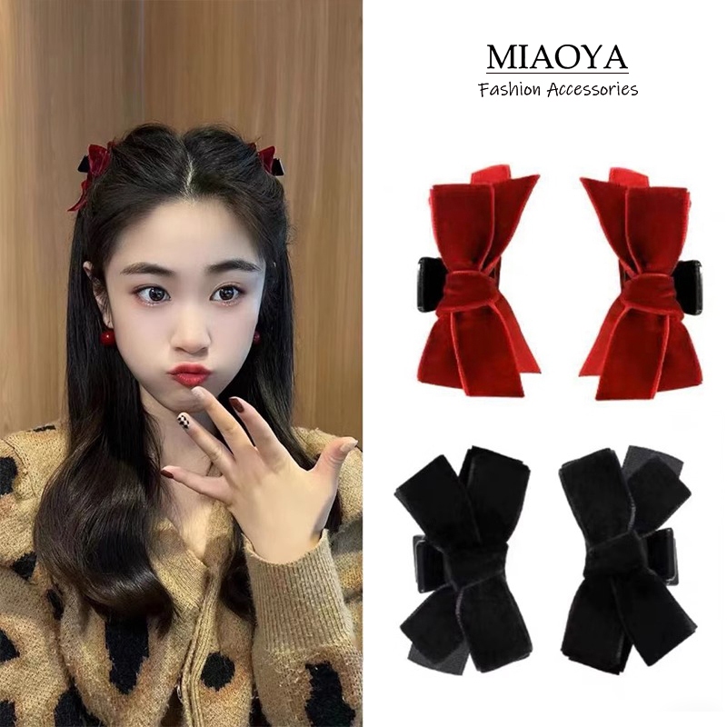 กิ๊บติดผม ผ้ากํามะหยี่ ประดับโบว์สองด้าน น่ารัก เครื่องประดับผมเจ้าหญิง สวยหรู ของขวัญนักเรียน สไตล์เกาหลี สําหรับผู้หญิง