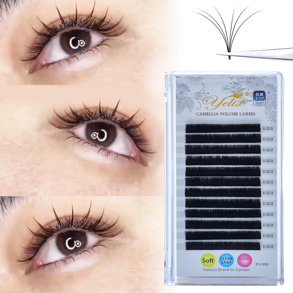 Yelix 0.07 B/C/C+/D Camellia Volume Eyelash Extension ผสมความยาวในหนึ่งแถว Lash พรีเมี่ยมนุ่มขนตาแสงธรรมชาติ Premade แฟน Lashes
