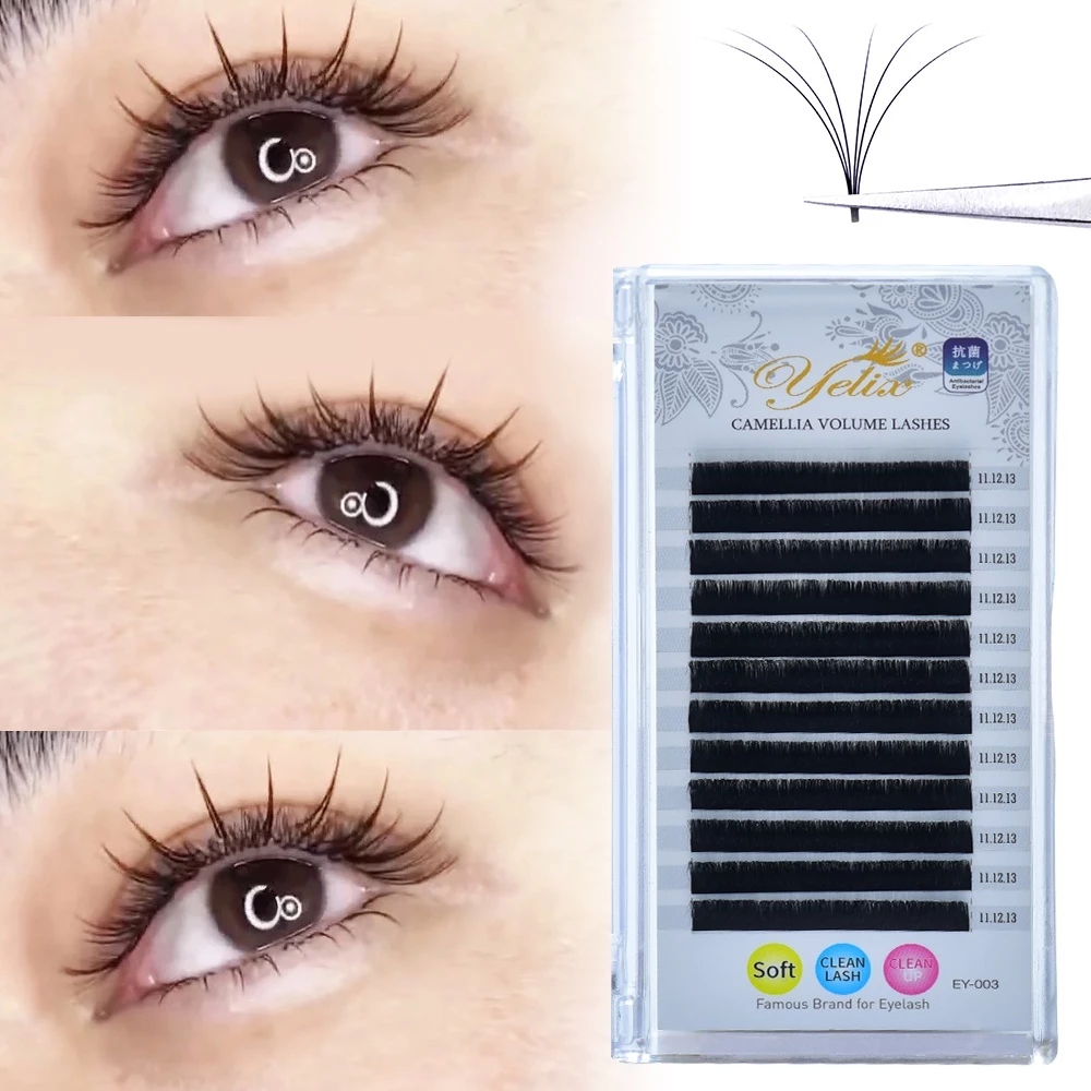 Yelix 0.07 B/C/C+/D Camellia Volume Eyelash Extension ผสมความยาวในหนึ่งแถว Lash พรีเมี่ยมนุ่มขนตาแสงธรรมชาติ Premade แฟน Lashes
