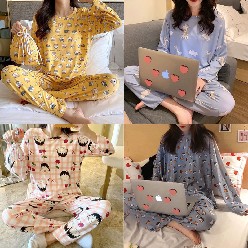 Fashion-TH ชุดนอนผู้หญิง ฤดูใบไม้ร่วงและฤดูหนาวชุดนอนแขนยาวพิมพ์ลายน่ารัก