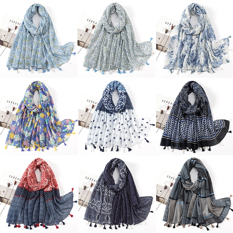 Laven แฟชั่นดอกไม้พิมพ์ Hijab Viose Voile ฮิญาบผ้าพันคอมุสลิม Tudung ยาวผ้าคลุมไหล่ผู้หญิง Comforty พู่ผ้าพันคอ