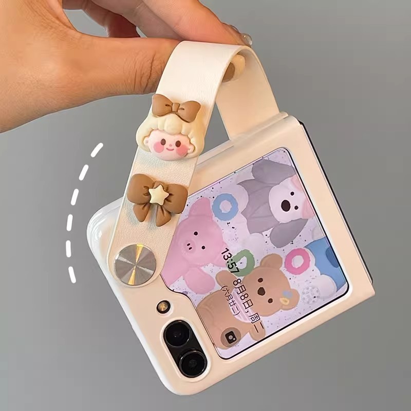 เคสป้องกันคุณภาพสูงสำหรับ Samsung Z Flip 5 6 สายหนังสีขาว สายรัดมัลติฟังก์ชั่น โบว์หญิงสาวทรงเสน่ห์ ป้องกันคราบ Z Flip5 6/ ZFlip 5 6