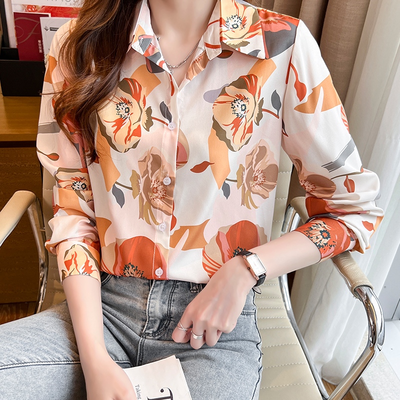 เสื้อเชิ้ตแขนยาวลําลอง คอปก ทรงหลวม พิมพ์ลายดอกไม้ เข้ากับทุกการแต่งกาย แฟชั่นฤดูร้อน สไตล์เรโทร สําหรับผู้หญิง