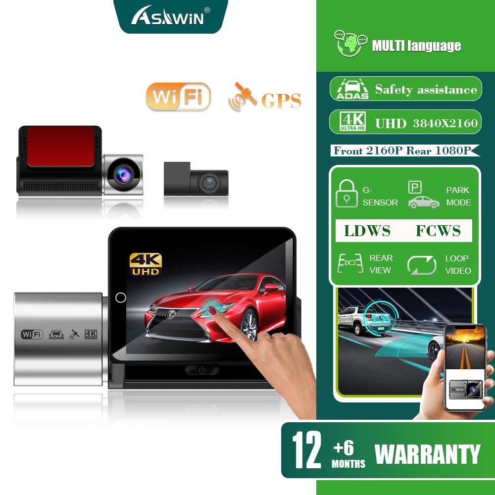 Asawin A6 4K Dash Cam Wifi Gps ADAS กล้องติดรถยนต์ 2.35 นิ้ว หน้าจอสัมผัส Ips ด้านหน้าและด้านหลัง เวอร์ชั่นกลางคืน LDWS FCWS G-sensor รองรับโหมดจอดรถ 24H