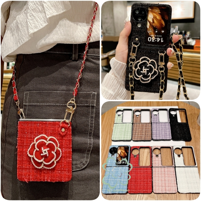 เคสโทรศัพท์มือถือแบบแข็ง ฝาพับ กันกระแทก ลายดอกคามิเลีย พร้อมสายโซ่คล้อง ประดับมุก แฟชั่น สําหรับ OPPO Find N2 N3