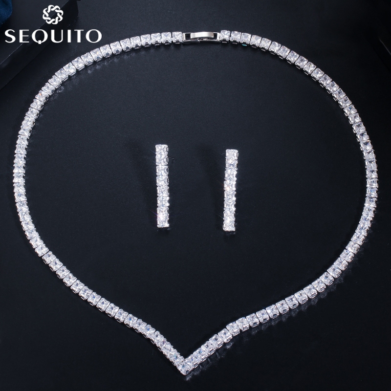 Sequito ใหม่ ชุดสร้อยคอโช้คเกอร์ ต่างหู หินคริสตัล เพทาย สไตล์เกาหลี สําหรับผู้หญิง งานแต่งงาน JS038