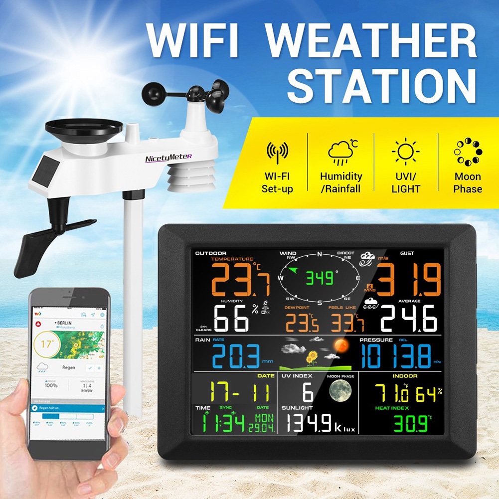 Nicetymeter 0310 เครื่องวัดสภาพอากาศอินเตอร์เน็ตไร้สาย WiFi พร้อมเซนเซอร์วัดฝน สําหรับกลางแจ้ง