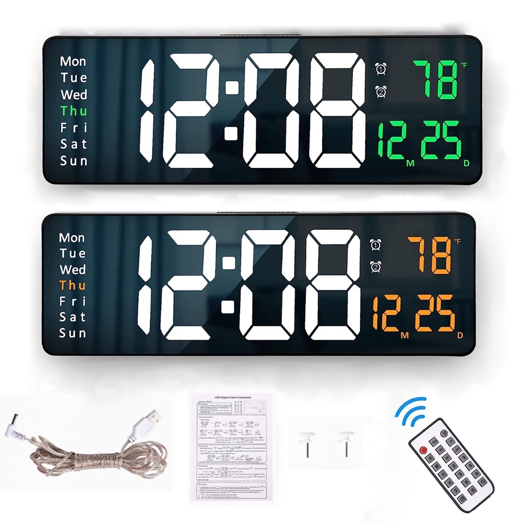 นาฬิกาแขวนดิจิทัล Led 10 ระดับ ปรับความสว่างได้ แสดงวันที่ อุณหภูมิ ติดผนัง รีโมตคอนโทรล，ติดผนังจอใหญ่