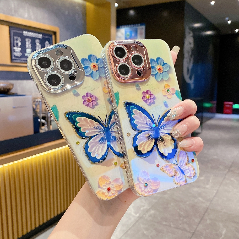 เคสโทรศัพท์มือถือ ป้องกันเลนส์ กันกระแทก ลายดอกไม้ ผีเสื้อ แต่งกลิตเตอร์ หลากสี สําหรับ iPhone 11 pro Max 11Pro 12 13 14 Max 13pro 11promax 14Plus 12promax