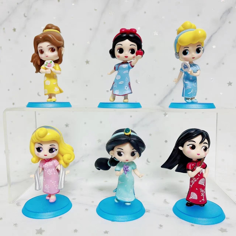 6 ชิ้น/เซ็ต 9 ซม.เจ้าหญิง Snow White Cinderella Jasmine Mulan Belle Cheongsam รุ่น Q การ์ตูน PVC Action Figures ตุ๊กตาของเล่น