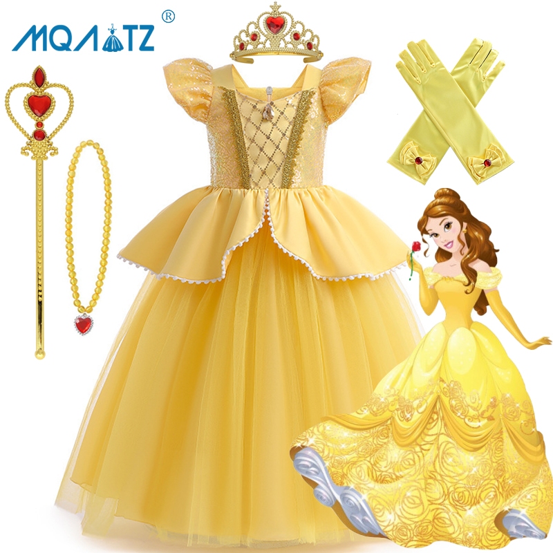 Mqatz ชุดเดรสคอสเพลย์เจ้าหญิง สีเหลือง สําหรับเด็กผู้หญิง ASMR055