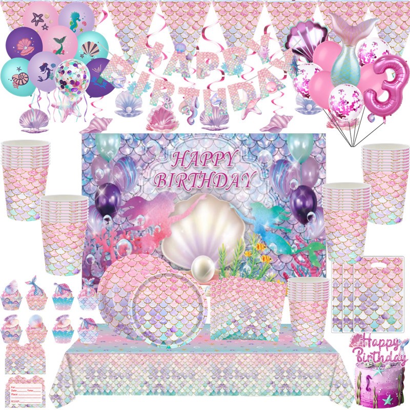 ผ้าเช็ดปาก ลายนางเงือกน้อย แบบใช้แล้วทิ้ง สําหรับตกแต่งปาร์ตี้วันเกิด