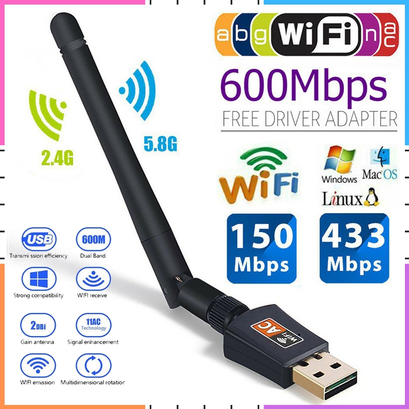 【พร้อมส่ง】อะแดปเตอร์รับสัญญาณไวไฟ 600mbps Dual Band 2.4G+5GHz USB 802.11AC สําหรับแล็ปท็อป LAN PC