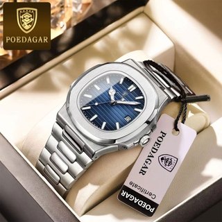 POEDAGAR Watch For Men Waterproof Original Relo Silver Stainless Steel Fashion Mens Watches With Box